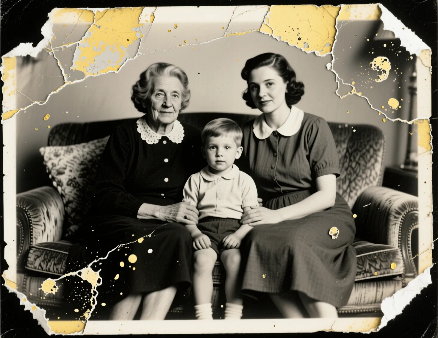 Before: Complex Damage Assessment Complex damaged photo showing multiple restoration challenges including tears, fading, and stains