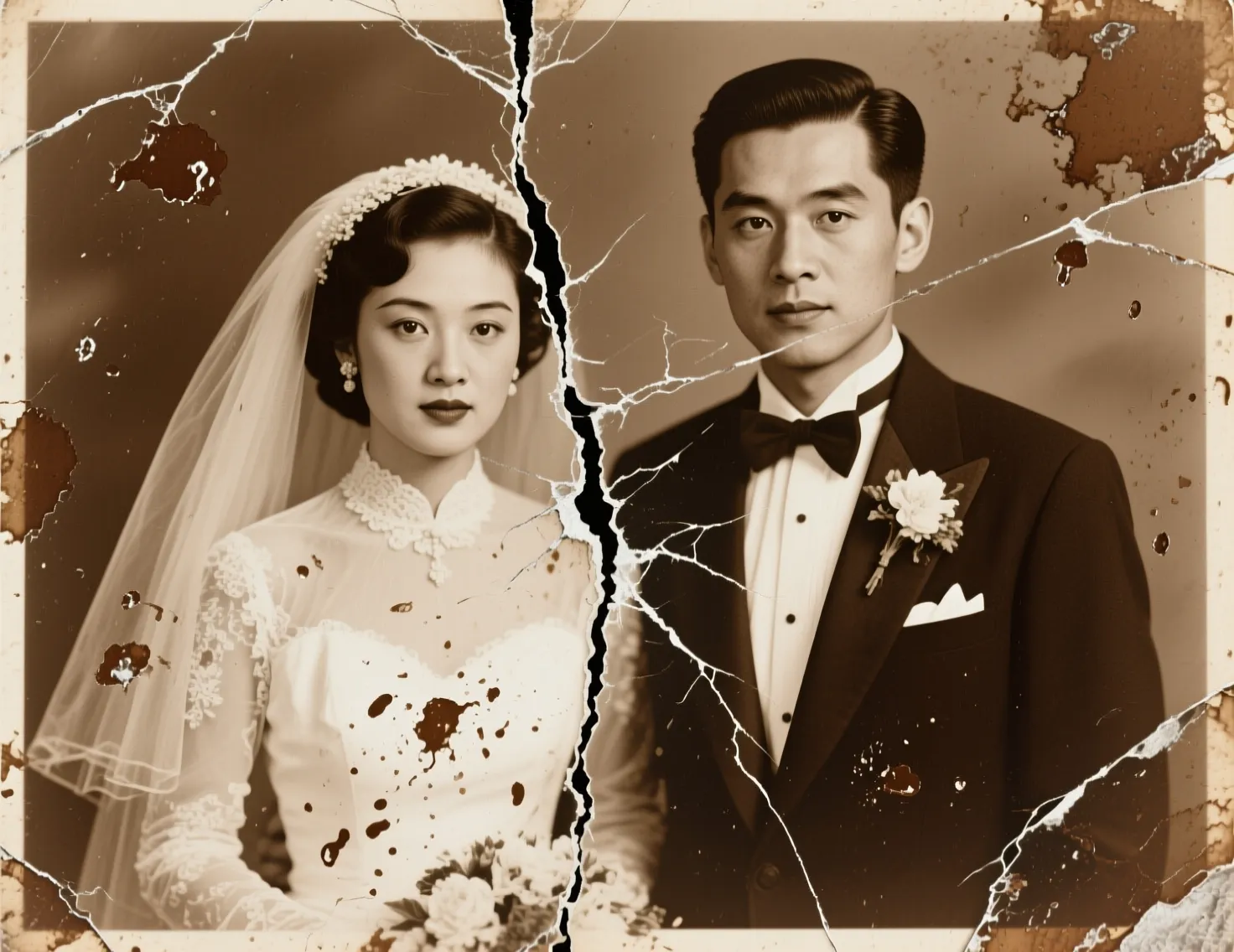 Fire and Water Damaged Portrait Fire and water damaged portrait with smoke stains, burn marks, and firefighting water damage