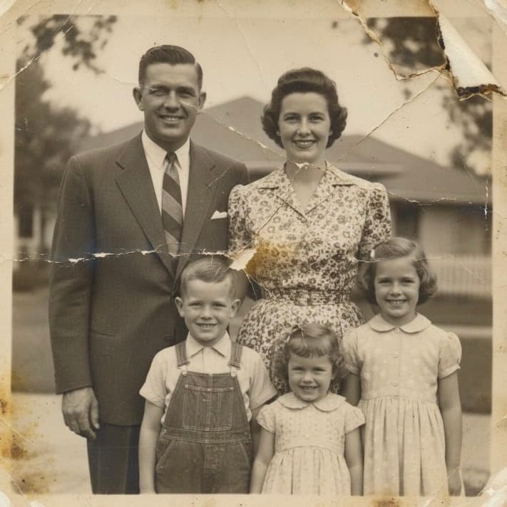 Damaged vintage family photograph with tears and fading