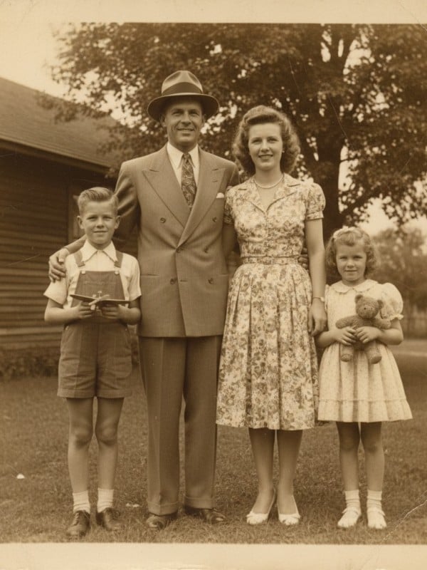 Mold and Fungal Damage from Extended Water Exposure Long-term mold and moisture damage on vintage family portrait showing fungal growth and discoloration