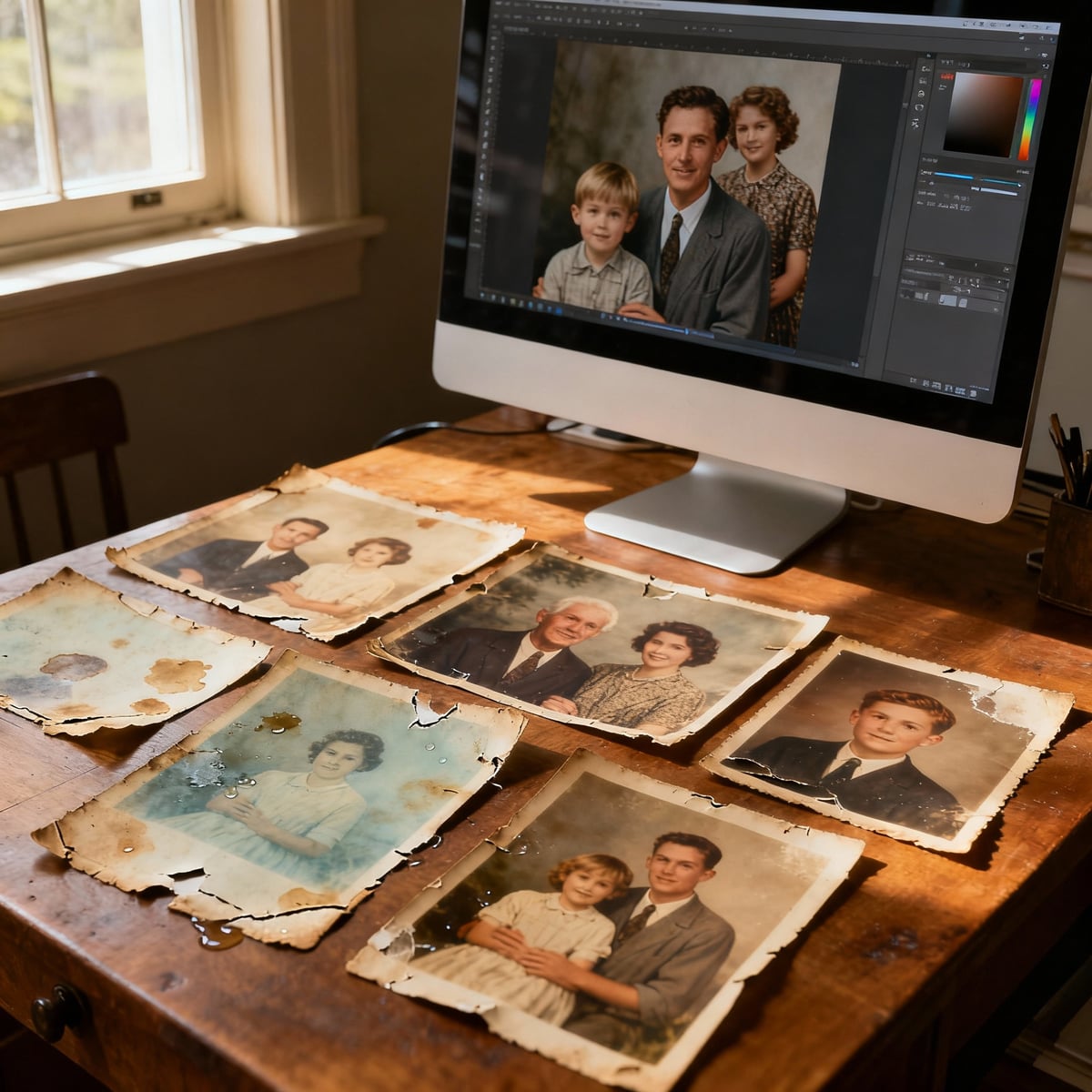 Professional Photo Restoration Services Professional photo restoration service - vintage family photographs on wooden desk showing restoration process