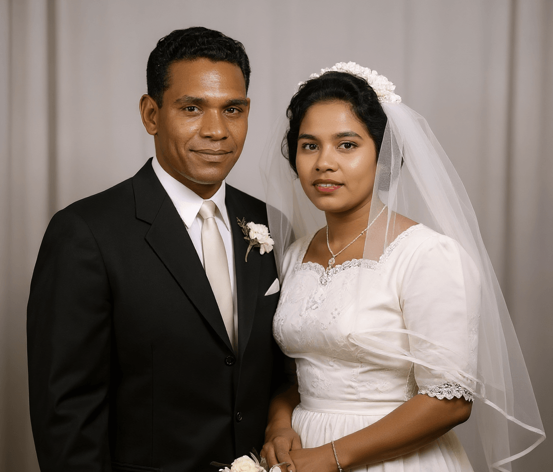AI Colorized Wedding Couple Photo Same wedding couple photograph after AI colorization with vivid, natural colors added to skin, clothing, and background