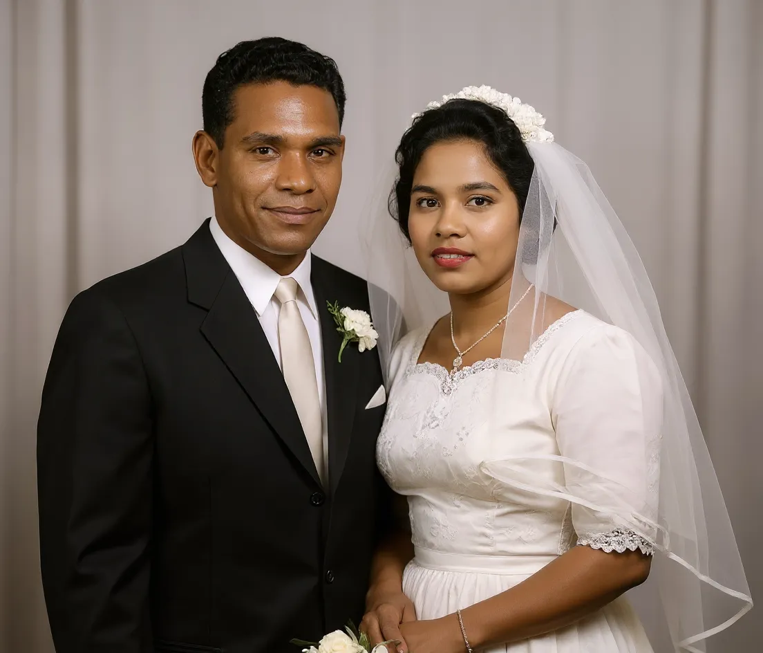 AI Colorized Wedding Couple Photo Same wedding couple photograph after AI colorization with vivid, natural colors added to skin, clothing, and background