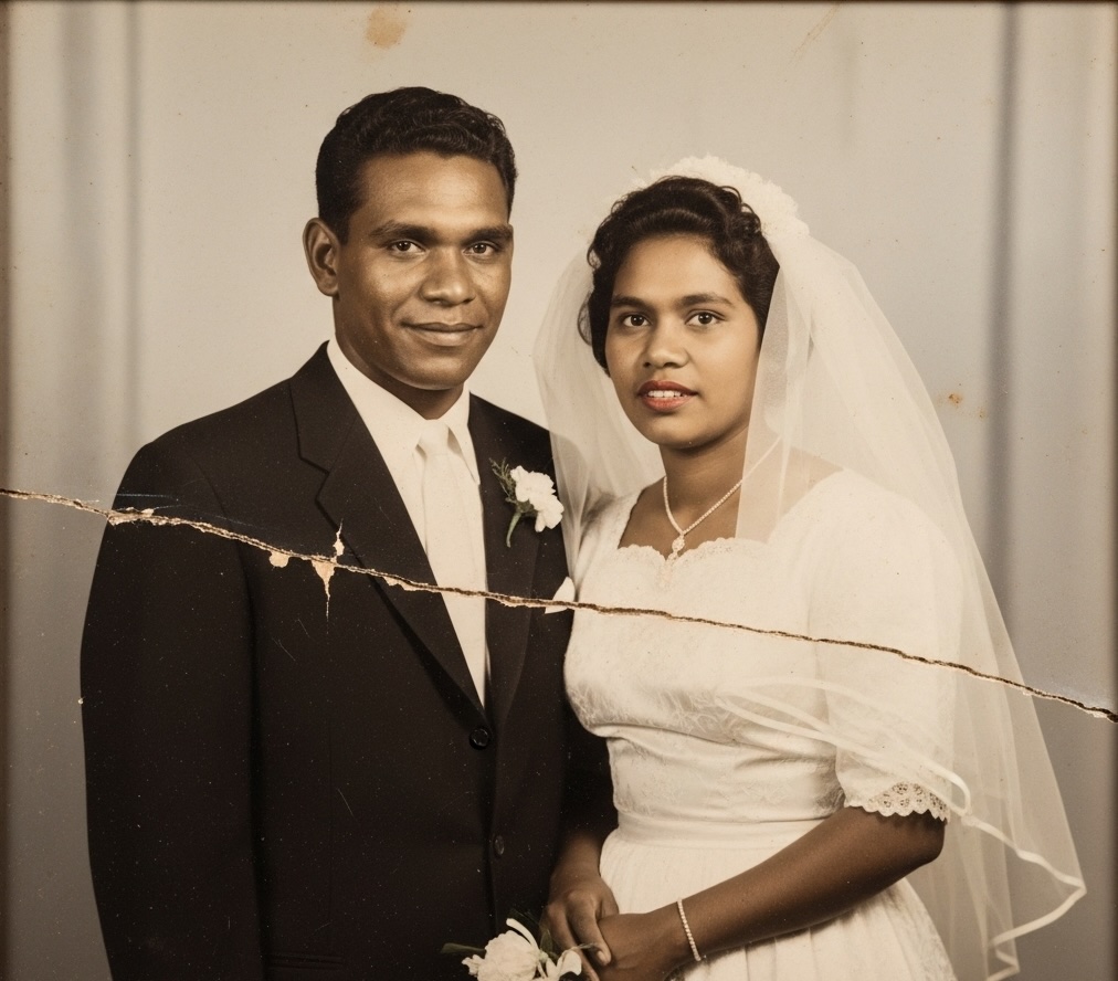 Before restoration - Water-damaged wedding photo from 1940s